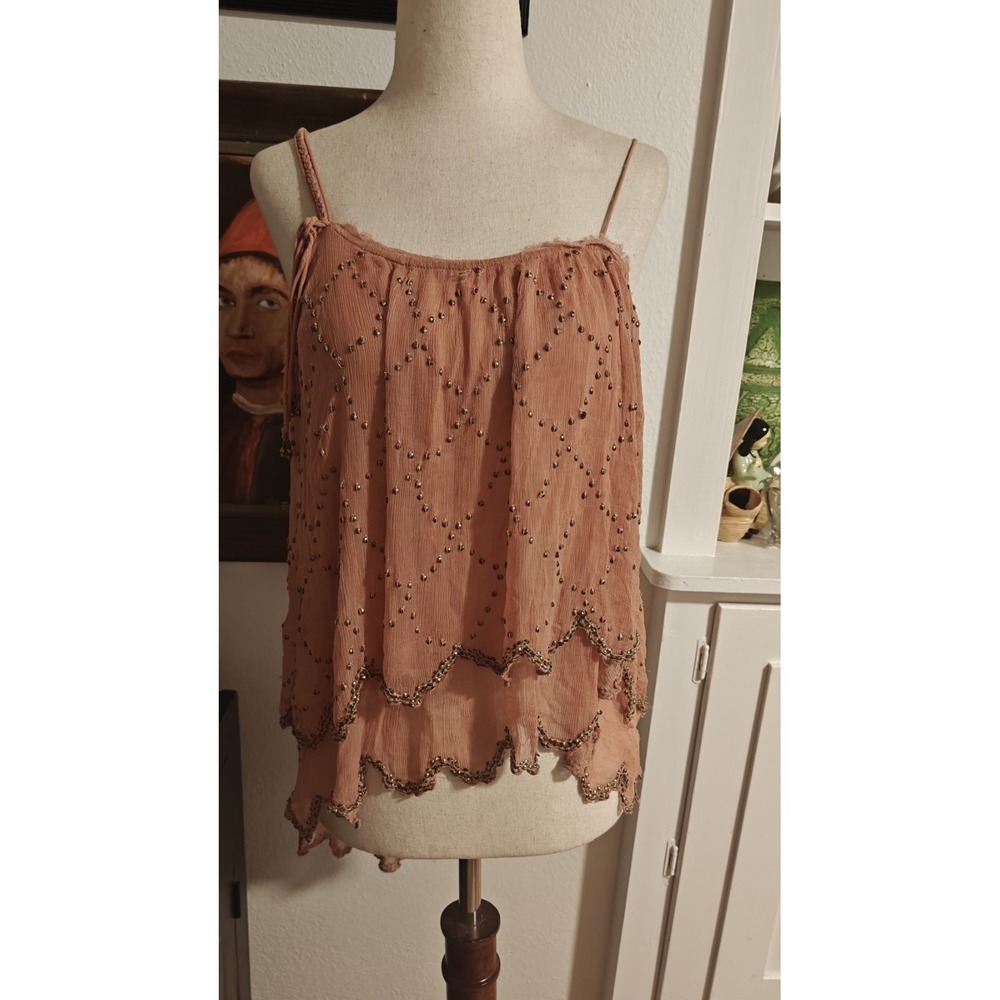 Free People Fairy dust Tank Top Beaded Gauzy Sz Med Pink - Picture 3 of 10